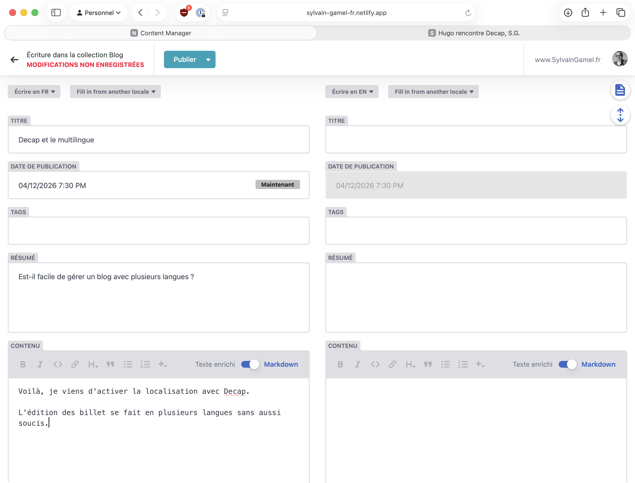 Screenshot of Decap blog editor The screenshot shows a web page entitled “Content Manager” on the site “sylvain-gamet-fr.netlify.app.” The page is divided into two main sections, each containing a form to create a blog post.