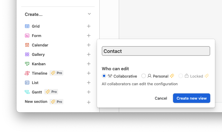 Before creating the form a dialog asks you for its name. The only option is to create a form that can be modified by other collaborators of your database.
