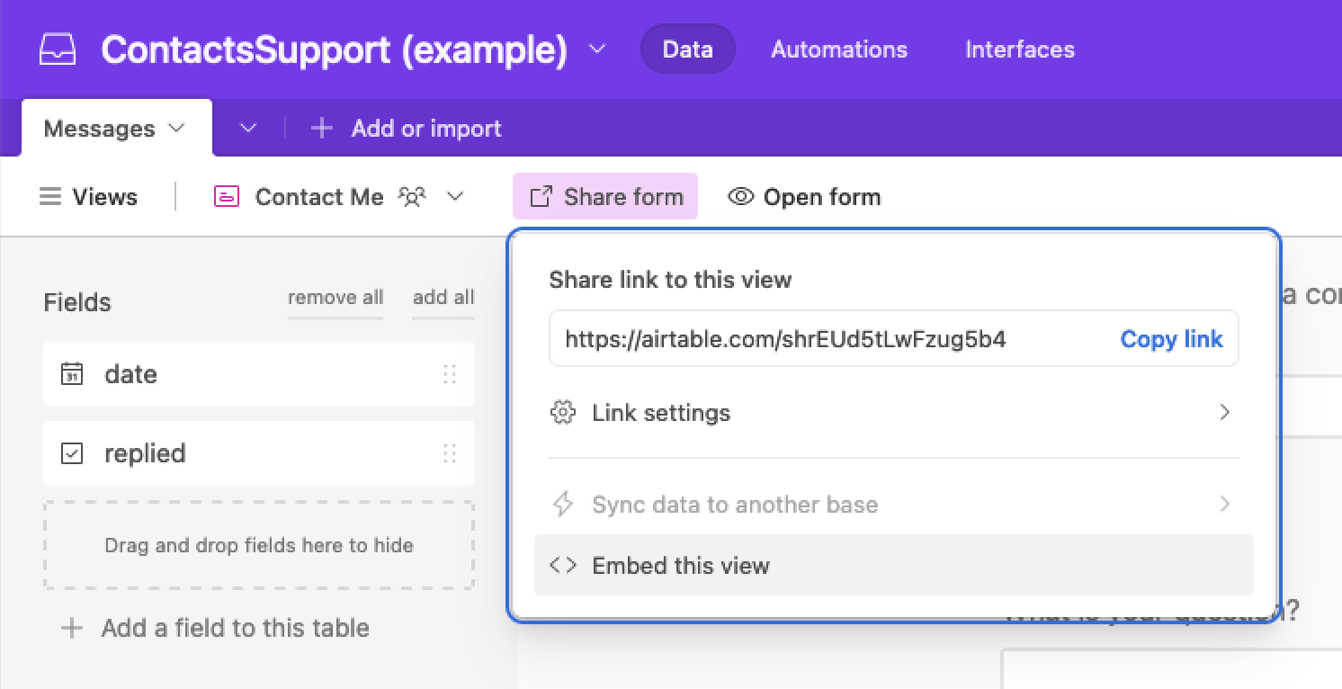 The “share form“ action opens a dialog that gives you access to create the HTML/JS embed code.