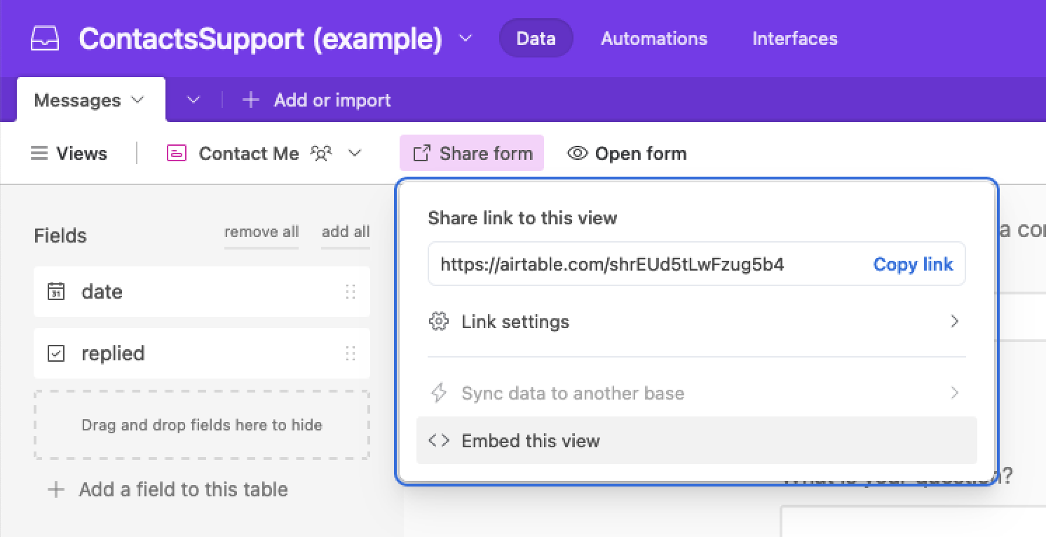 L'action «share form» ouvre un dialogue qui vous donne accès à la création du code HTML/JS d'intégration.